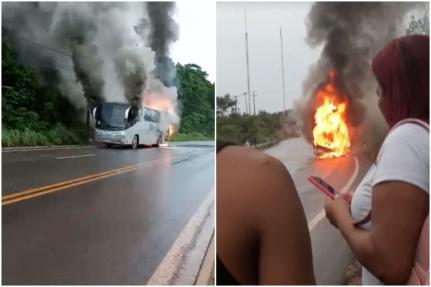 MT: SUSTO:  Ônibus com 40 passageiros é consumido pelo fogo na MT-240