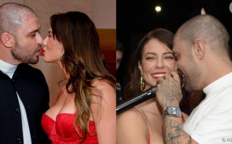 Paolla Oliveira, de look e batom vermelho, troca beijos com Diogo Nogueira e dança coladinho com cantor