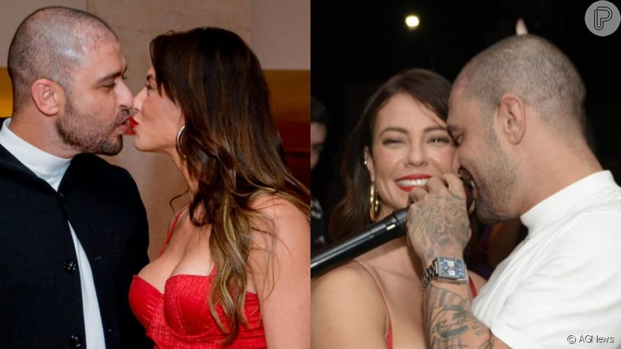 Paolla Oliveira, de look e batom vermelho, troca beijos com Diogo Nogueira e dança coladinho com cantor