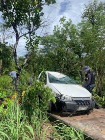 Homem furta carro, capota veículo em mata e foge; polícia procura