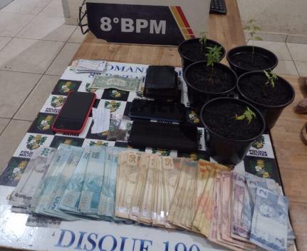 Dupla de estelionatários é presa com R$ 18 mil em dinheiro e 5 mudas de maconha em casa