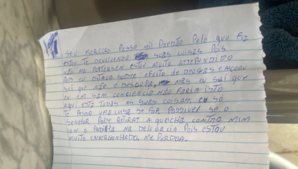 Suspeito de furtar loja devolve materiais e deixa carta com pedido de desculpas