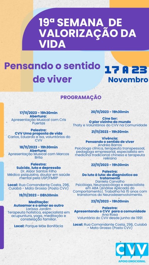 PROGRAMAÇÃO DE HOJE DA 19ª SEMANA DE  VALORIZAÇÃO DA VIDA CVV