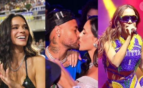 Bruna Marquezine e Anitta se encontram na Sapucaí 24h depois de Neymar, ex em comum das duas, passar pelo Carnaval do RJ