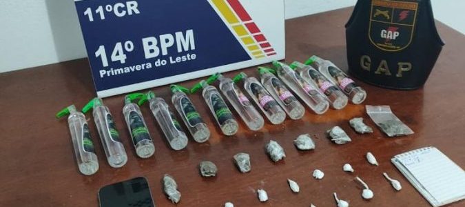 Homem é preso pela PM com porções de drogas e frascos de lança-perfume em Primavera do Leste