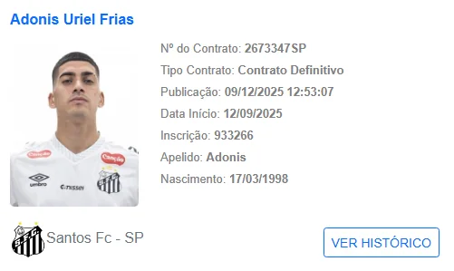 Frías é registrado no BID e pode estrear pelo Santos contra o Atlético-MG