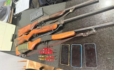 Polícia Militar e Sema prendem três homens com espingardas em área de exploração ilegal de madeira